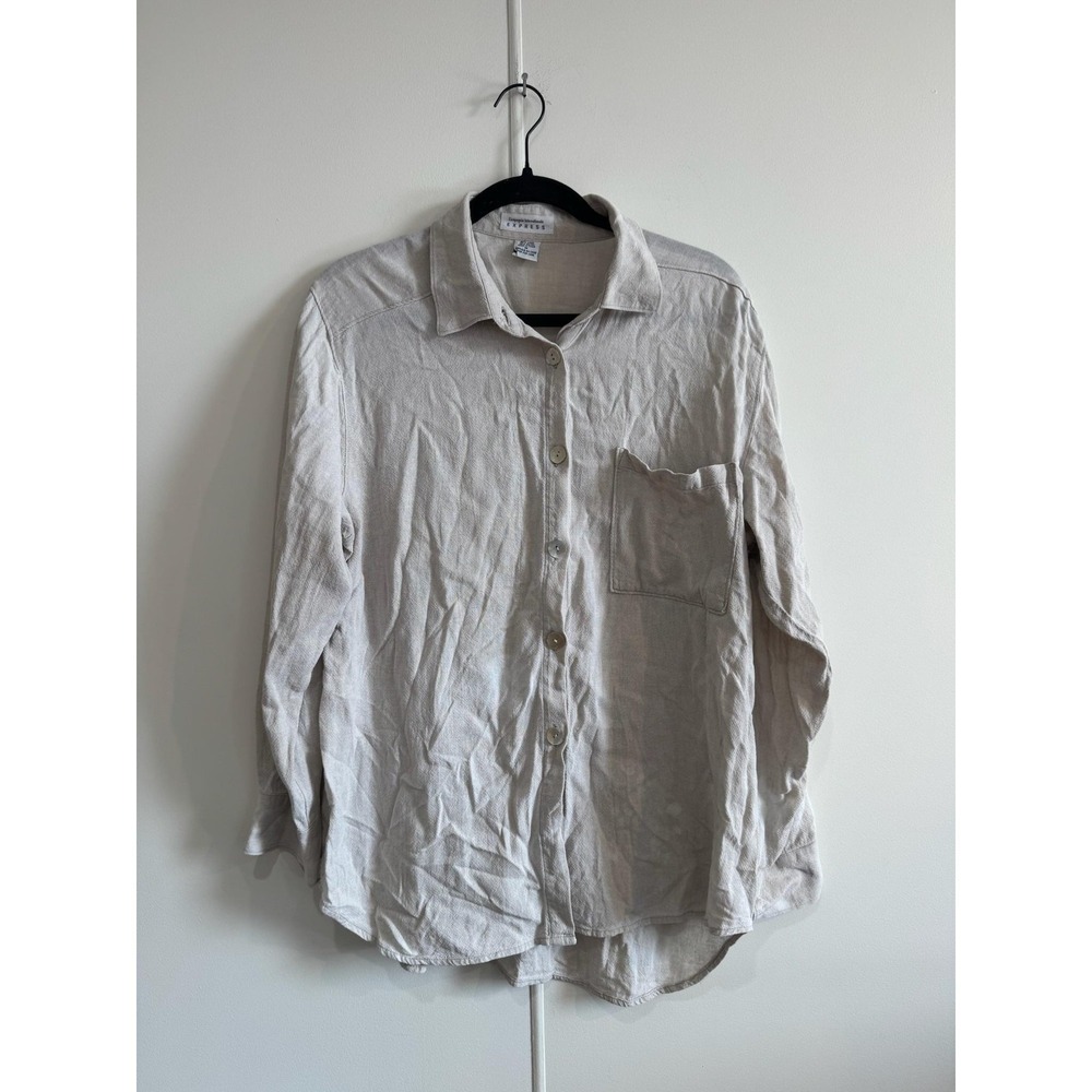Vintage Express Shirt Womens Medium Beige Linen Rayon Button Up Tunic‎ Top 90s